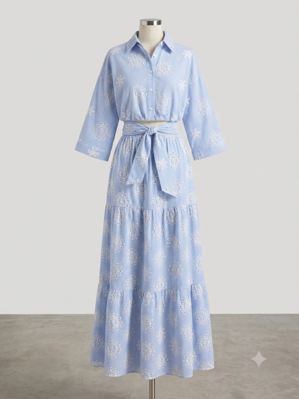 Light Blue Eyelet Stripe Shirt Maxi Dress with Tie Waist